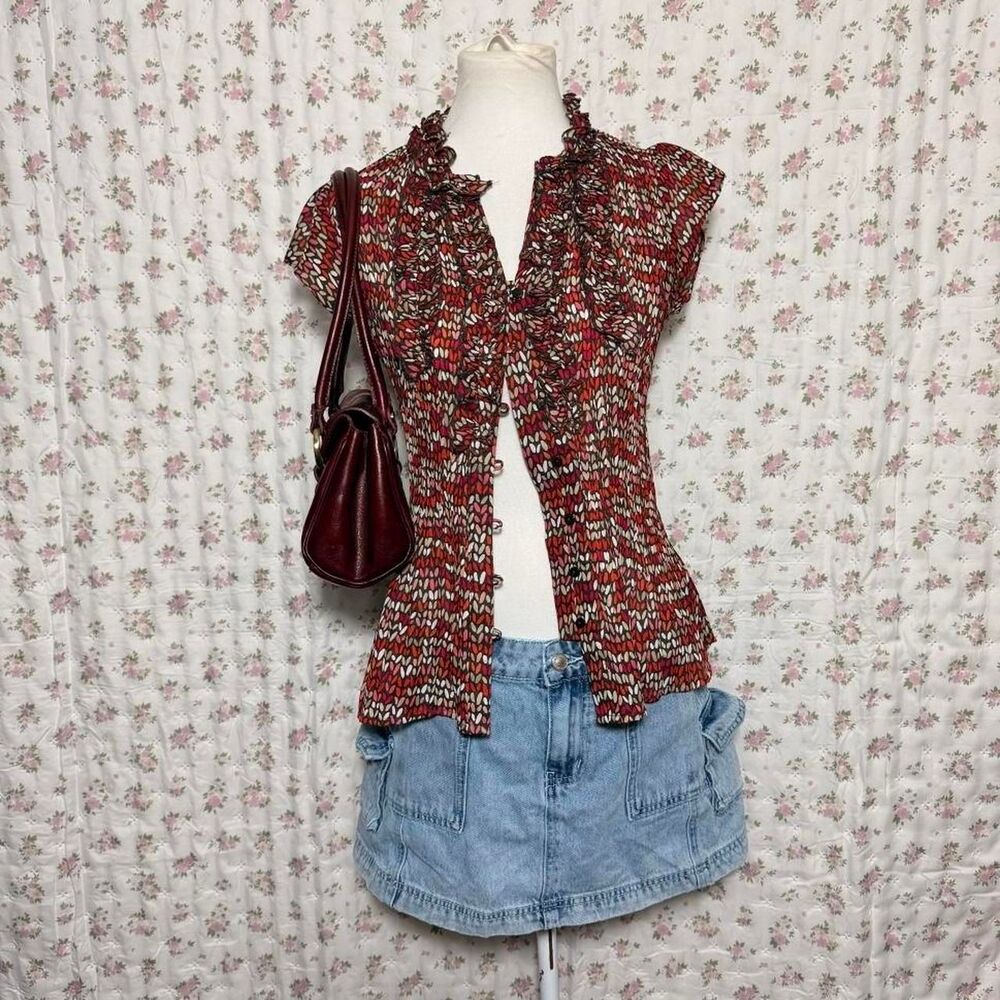 East5th Mesh Button Up Top Ruffle Sleeve Collar Detail Women’s Small